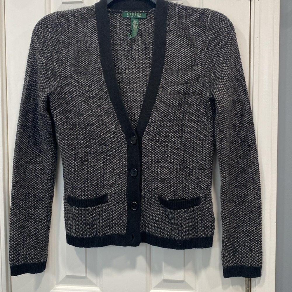 Ralph Lauren Black and White 2pc Cardigan Button Up Sweater and Skirt Size Small